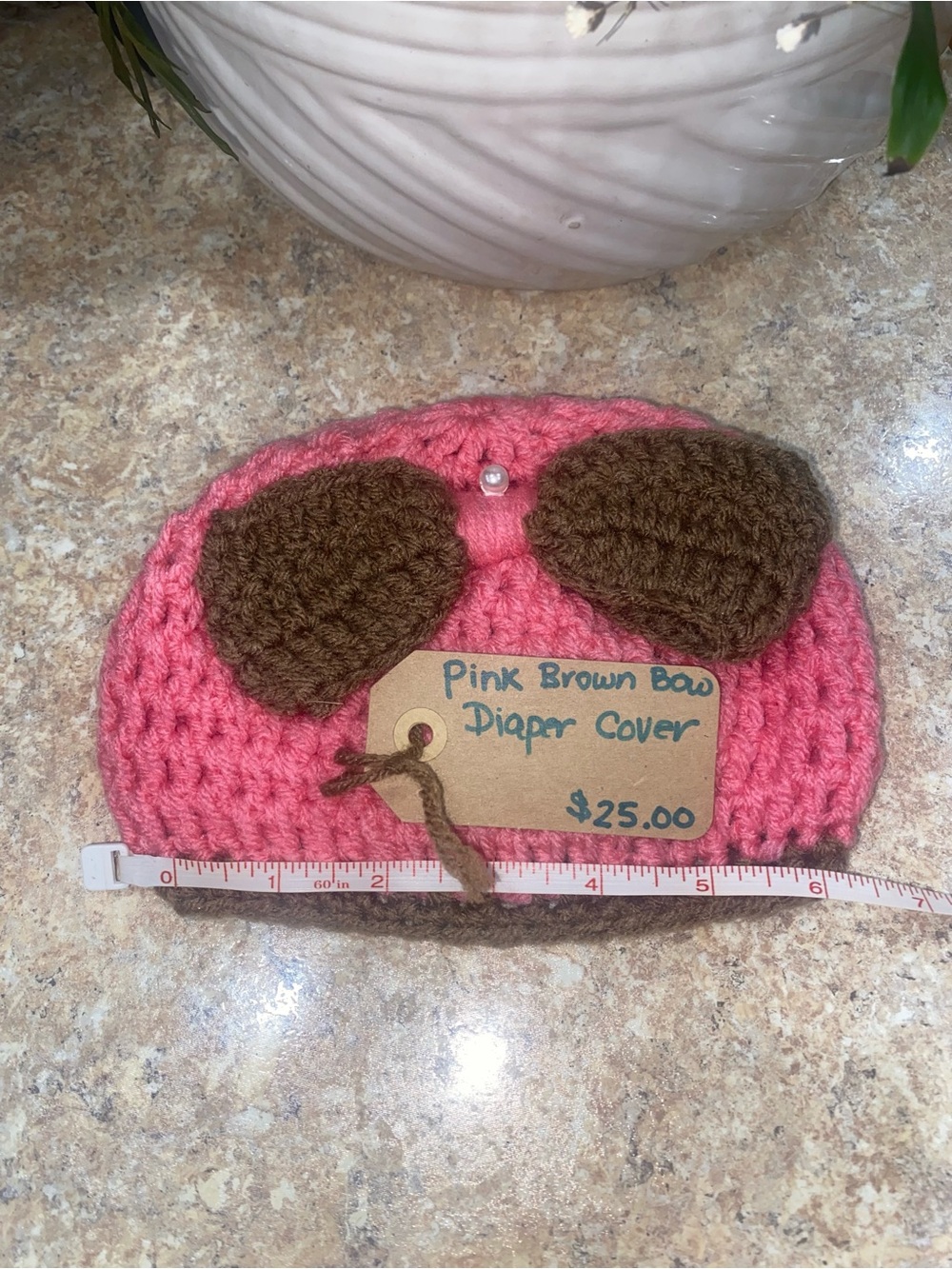 Handmade Pink Crochet Diaper Cover Set with Brown Trim and Beautiful Brown Bow - Picture 4 of 6